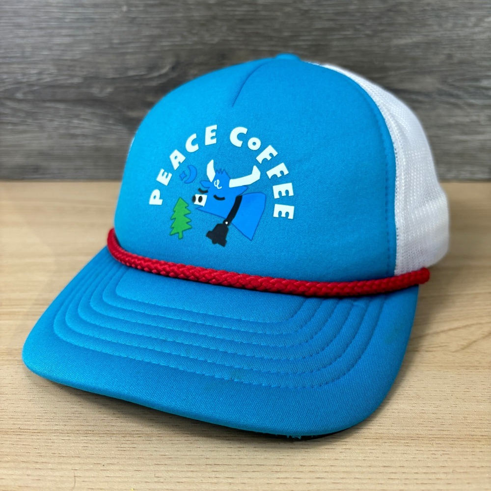 Peace Coffee Hat Cap Snapback‎ Blue Trucker One Size Adjustable